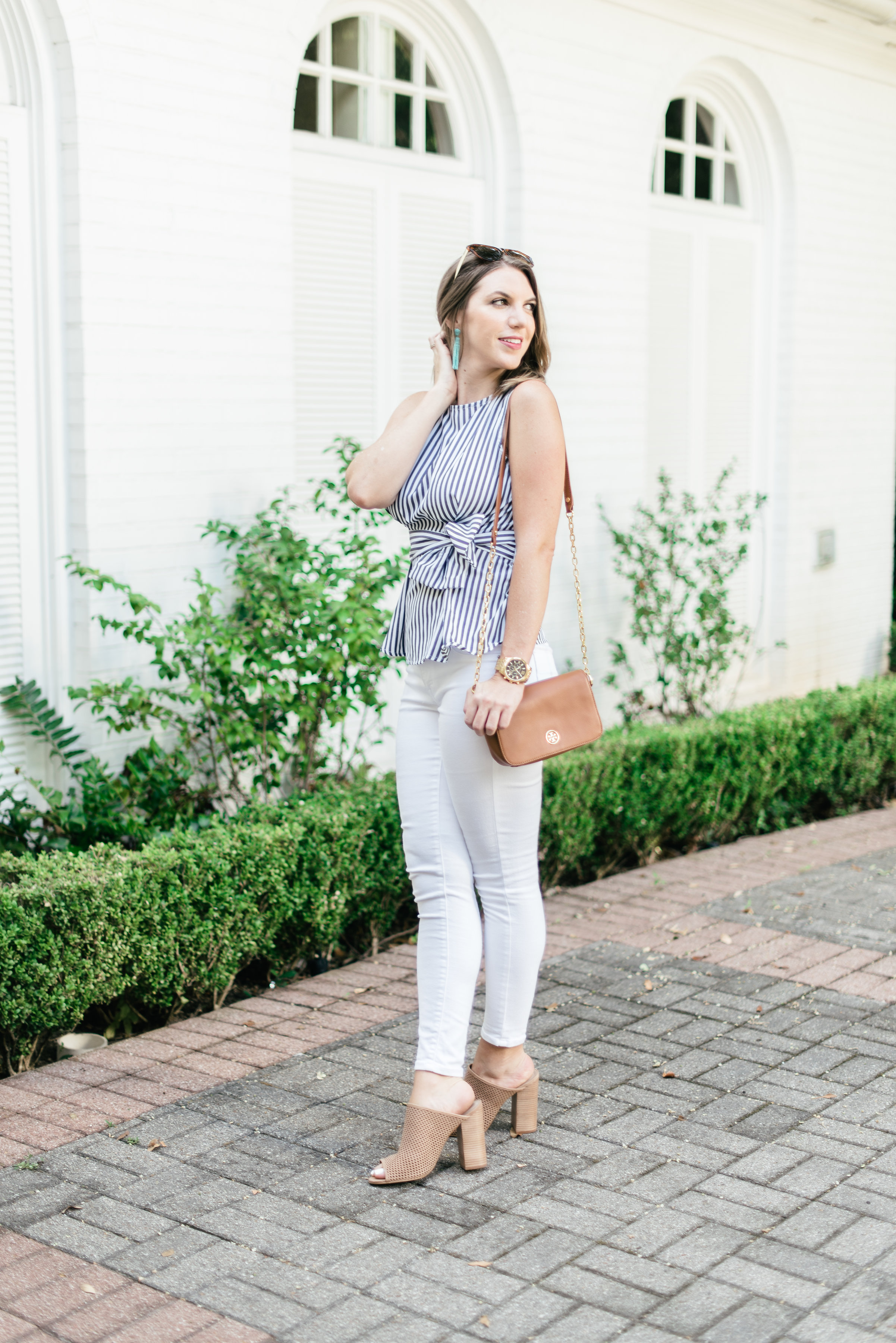 Striped shein bow top with white jeans - Brandi Soileau